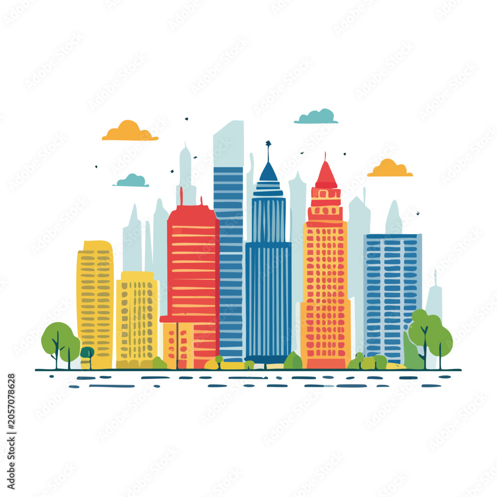 Obraz premium Flat design city skyline with colorful buildings