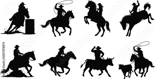 Foto Western Rodeo Cowboy Silhouette Set with Horse Bull and Lasso Action Poses