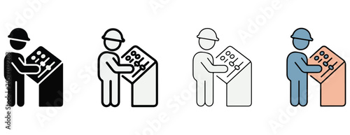 Fotografía workers in hard hats interacting with control panels on boxes used for business