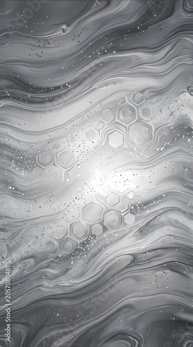 Abstract monochrome fluid art with honeycomb patterns and glitter particles