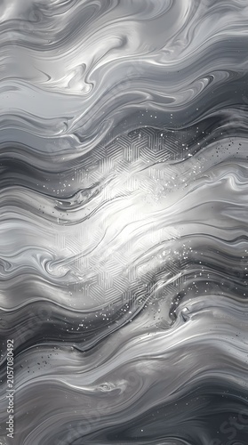 Abstract flowing silver waves with sparkling highlights and geometric pattern