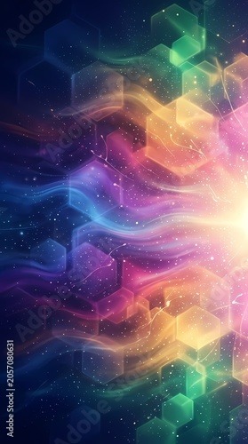 Abstract geometric nebula, colorful glowing hexagons, vibrant cosmic waves, digital art