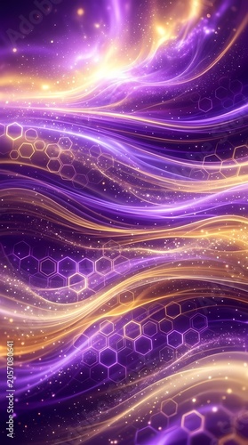 Abstract Purple Gold Cosmic Waves & Hexagons - Nebula, Stars, Energy