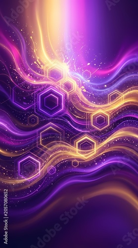 Vibrant Abstract Purple and Gold Swirls with Geometric Hexagons