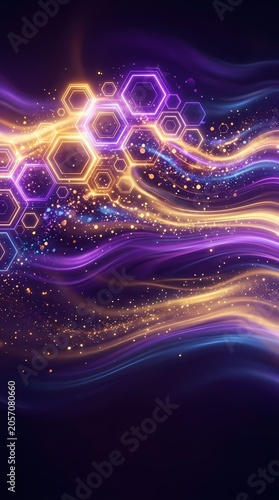 Abstract Hexagon Network with Glowing Waves and Particles