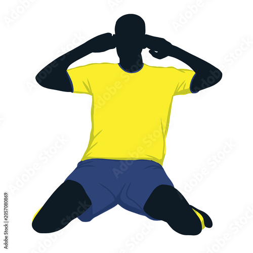 Photos Iconic goal celebration of a soccer player in yellow shirt and blue shorts, hands on head, suitable for sportsrelated designs