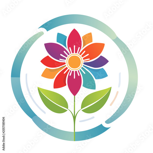 Colorful flat design flower icon with leaves