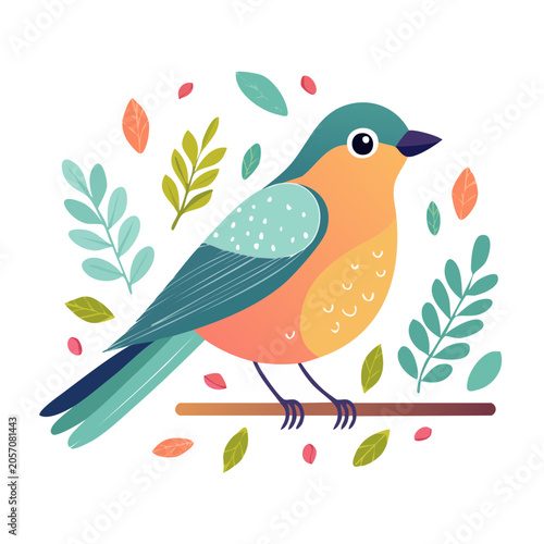 Cute bird illustration with leaves and berries