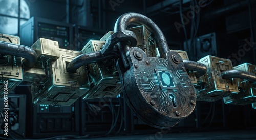 Heavy rusty padlock with glowing blue digital fingerprint locking a heavy metal chain representing blockchain security.