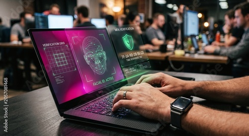 Professional using a laptop with futuristic holographic facial recognition biometric authentication software in a busy office.