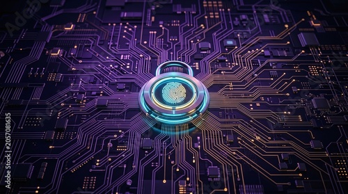 Glowing blue digital padlock and fingerprint icon in the center of a complex printed circuit board network.