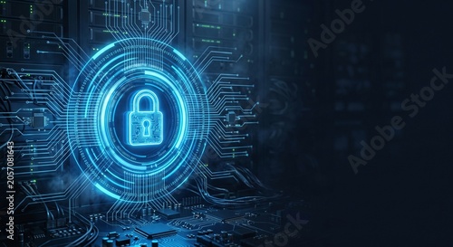 Glowing blue digital padlock hologram protecting a high-tech server rack in a dark data center.