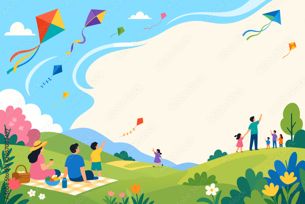 Naklejka premium Kite Festival Hill Background With Wind Shapes and Picnic Area
