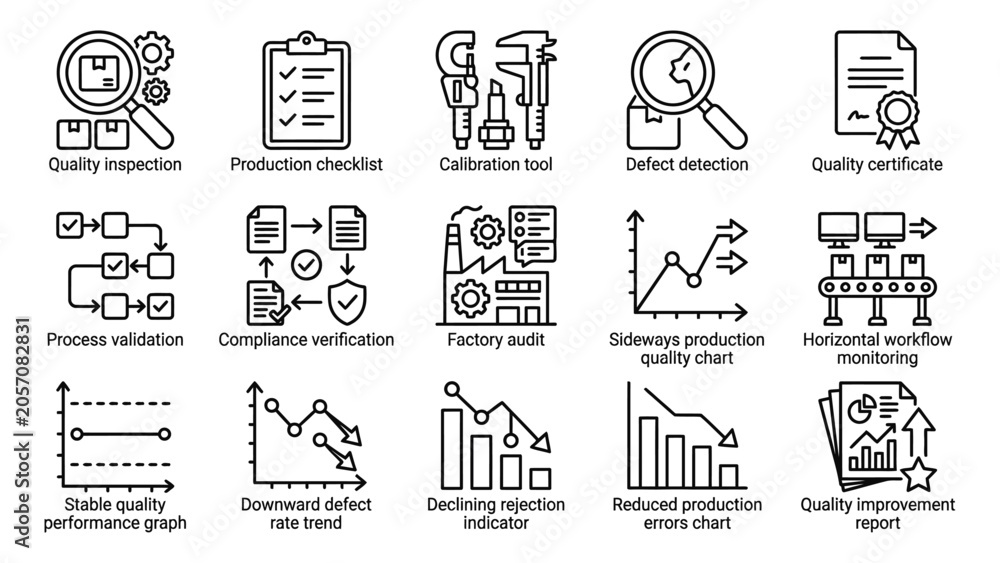Fototapeta premium Collection of quality control icons and symbols for business and industry use.