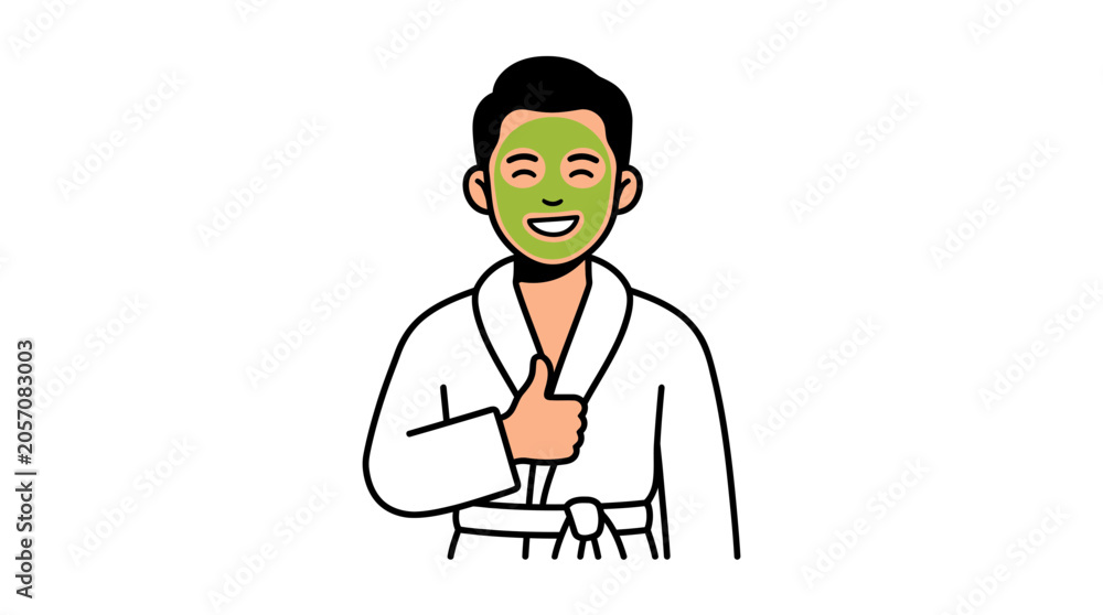 Fototapeta premium Man in Bathrobe Wearing Face Mask Giving Thumbs Up