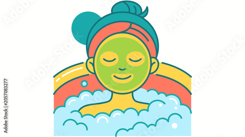 Woman enjoying a bubbly bath with face mask