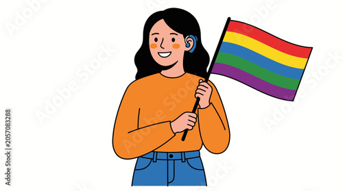 Woman with Hearing Aid Celebrates Disability Pride Month with Rainbow Flag