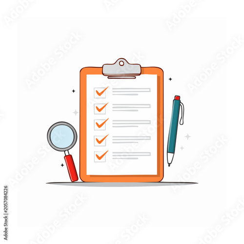 Flat vector checklist with pen and clipboard