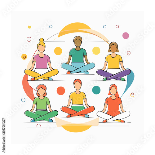 Group of people meditating in flat color cartoon style