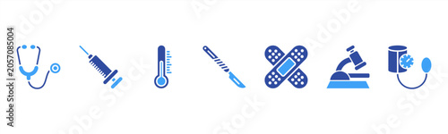 Foto Medical Tools set featuring Stethoscope, Syringe, Thermometer, Scalpel, Bandage, Microscope, Blood Pressure Monitor for healthcare visuals