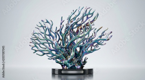 Abstract Iridescent Coral Sculpture Art Piece with Metallic Organic Branching Structure on a Sleek Display Base