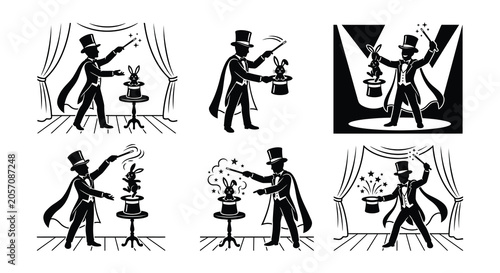 Billede på lærred Magician Performing Illusion With Rabbit Black Silhouette Vector Illustrations