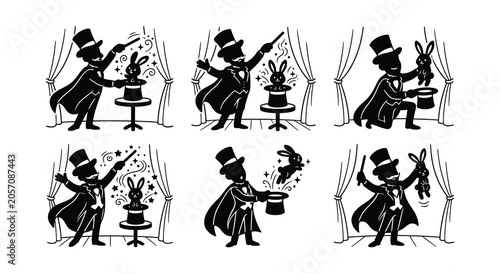 Bild auf Leinwand Magician Performing Illusion With Rabbit Black Silhouette Vector Illustrations