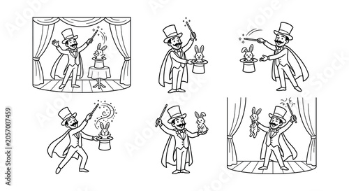 Photography Magician Performing Illusion With Rabbit Black Silhouette Vector Illustrations