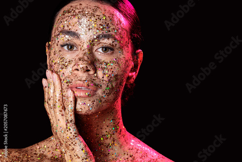 Womans face and hand covere...
