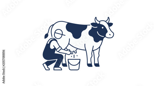 Line art illustration of a farmer milking a dairy cow into a bucket