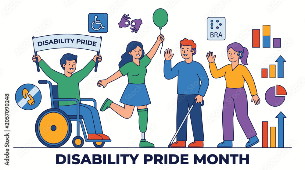 Naklejka premium Disability Pride Month Celebration Diverse Group Illustration