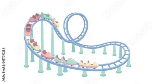 Pastel roller coaster illustration with colorful cars on a looping track isolated on white
