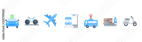 Transportation icons including Car, Bicycle, Airplane, Train, Bus, Ship, and Motorcycle for travel and transit themes.