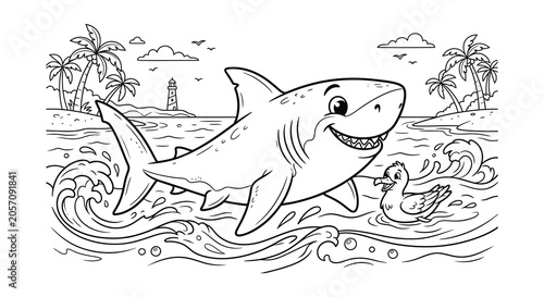 Bild auf Leinwand Shark and seabird vector illustrations with tropical island background