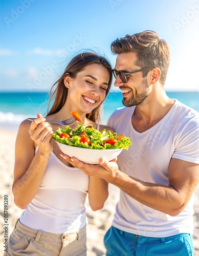 a man and woman eating salad on the beach