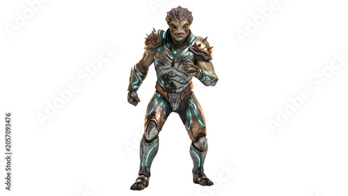 An alien warrior in futuristic armor with glowing accents, posing in a combative stance.