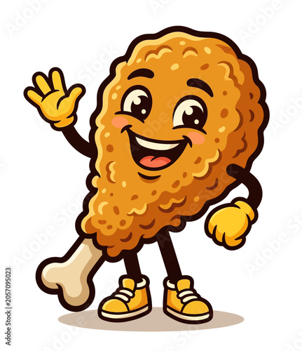 Happy Fried Chicken Leg Character Waving Hello Delicious Fast Food Mascot Cartoon