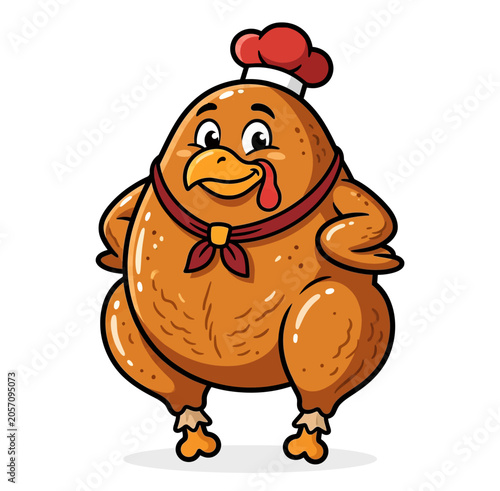 Funny Cartoon Roasted Turkey Chef with Chef Hat and Bow Tie Thanksgiving Dinner Illustration