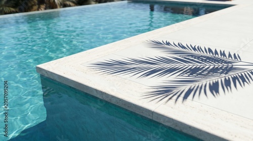 Close-up of a pristine swimming pool edge with a palm leaf shadow.