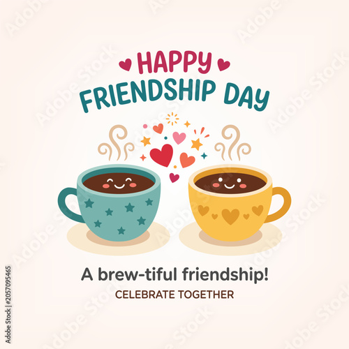 Tableau sur toile Happy friendship day brew tiful friendship celebrate together coffee cups with happy faces and steam illustration cute food and drink concept