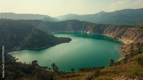 Serene mountain lake in natural landscape.