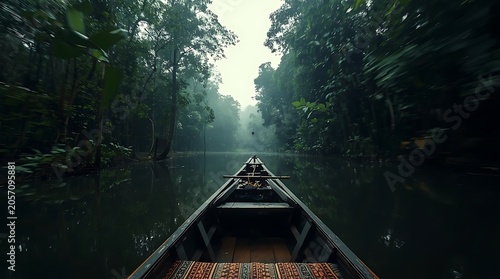 Train track through dense green forest.