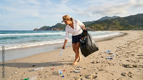 Woman picking up trash on beach.
