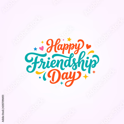 Εκτύπωση καμβά Happy friendship day inscription in vibrant multicolor calligraphy, adorned with playful stars and hearts, conveying joy and celebration on a light background vector illustration