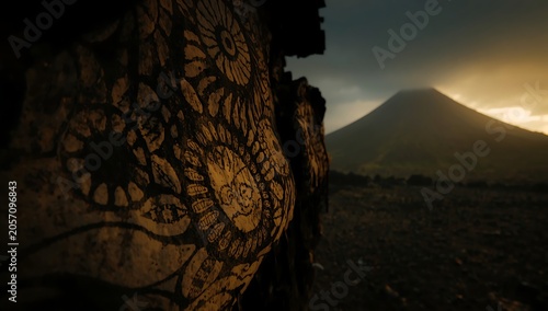 Intricate patterns against mountain landscape sunset.