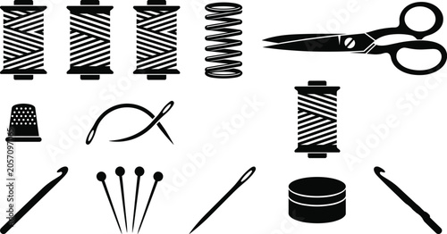 Bild auf Leinwand Sewing and tailoring tools black vector icon set with thread spools scissors nee
