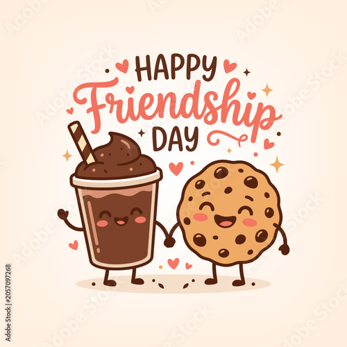 Happy friendship day vector illustration, cute hot chocolate and cookie character hand in hand with text surrounded by hearts and stars. celebrating friendship