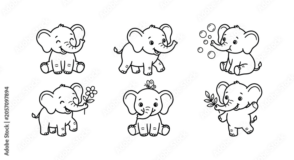 Fototapeta premium Baby Elephant Illustrations Black And White Vector Graphics