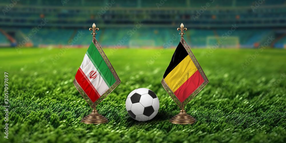 Fototapeta premium Iran and Belgium flags with soccer ball on green grass field