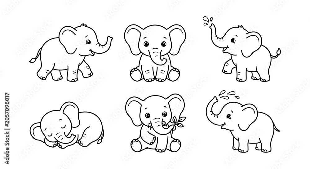 Obraz premium Baby Elephant Illustrations Black And White Vector Graphics